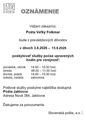 Oznámenie - Pošta Veľký Folkmar Oznámenie - Pošta Veľký Folkmar